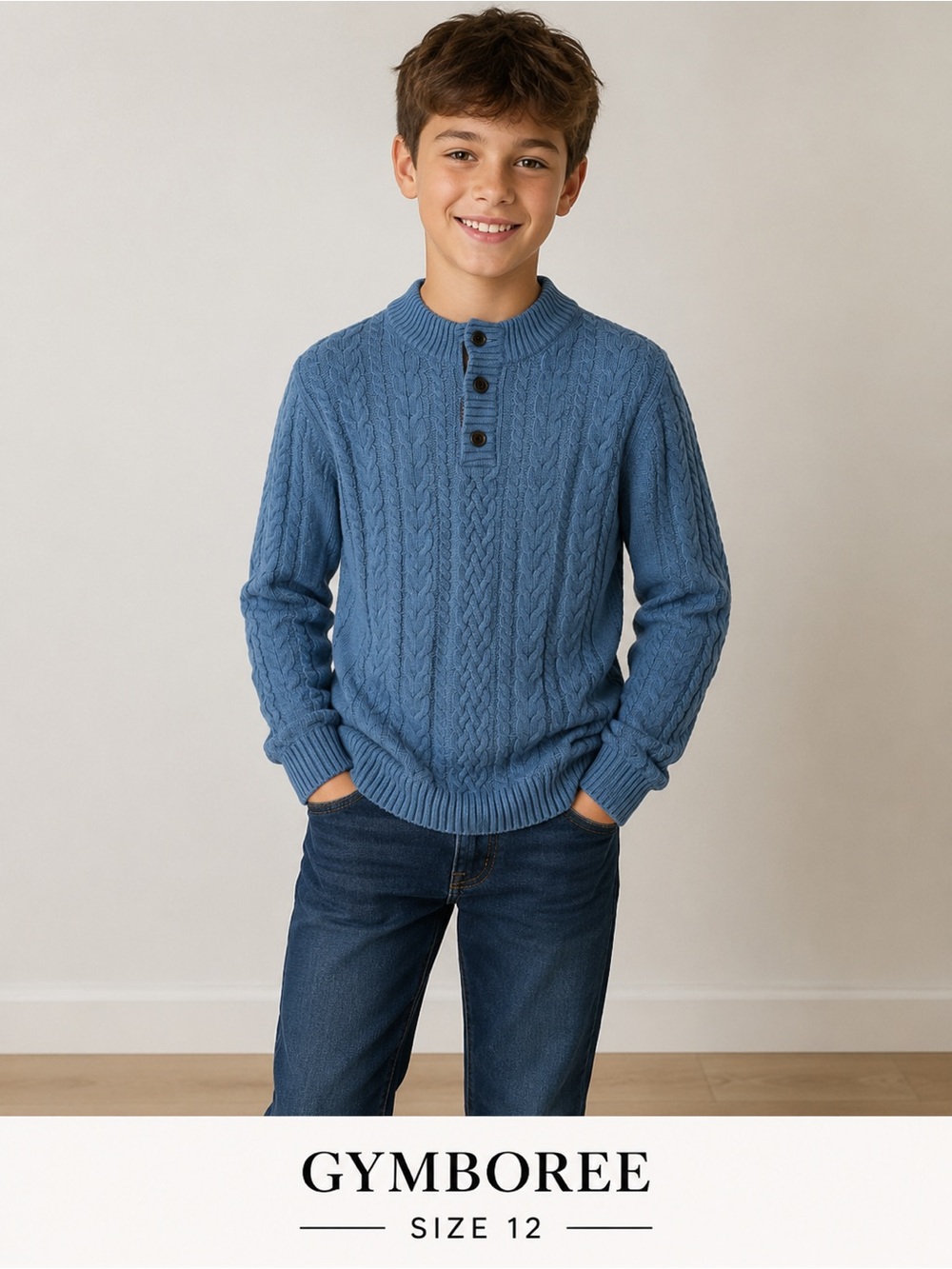 Gymboree Boys Blue Cable Knit Henley Sweater Size 12 kids fashion cozy style
